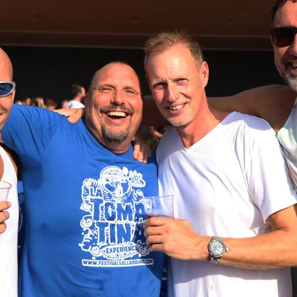 Friends enjoying La Tomatina festival day in Buñol Spain